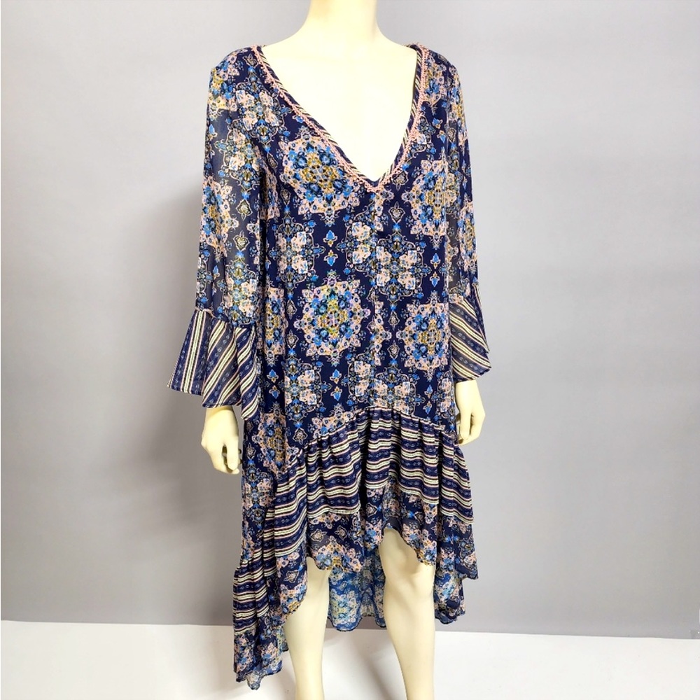 Bohemian Patchwork Floral by T J D Size Small Smock Style Day Dress Dip Hemline